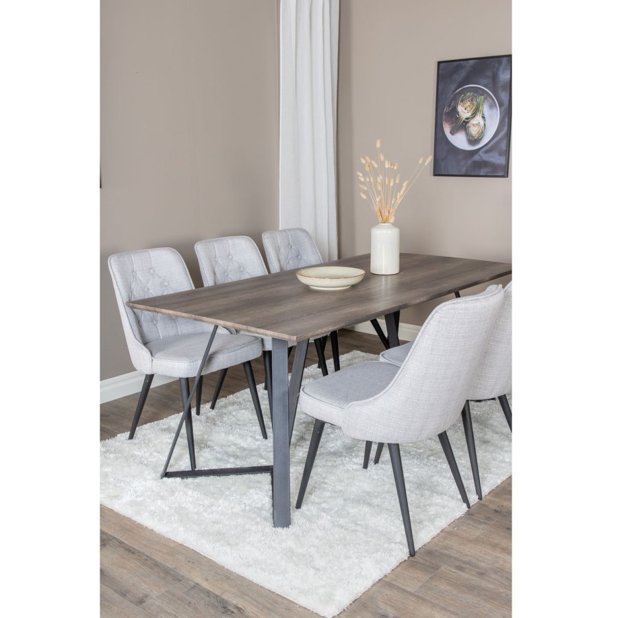 VENTURE DESIGN Marina spisebordsst, m. 6 stole - gr finer/sort metal og lysegr stof/sort metal