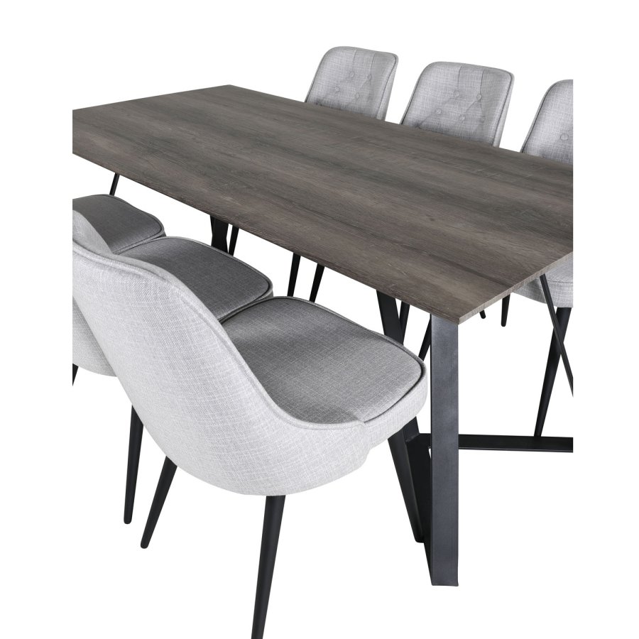 VENTURE DESIGN Marina spisebordsst, m. 6 stole - gr finer/sort metal og lysegr stof/sort metal