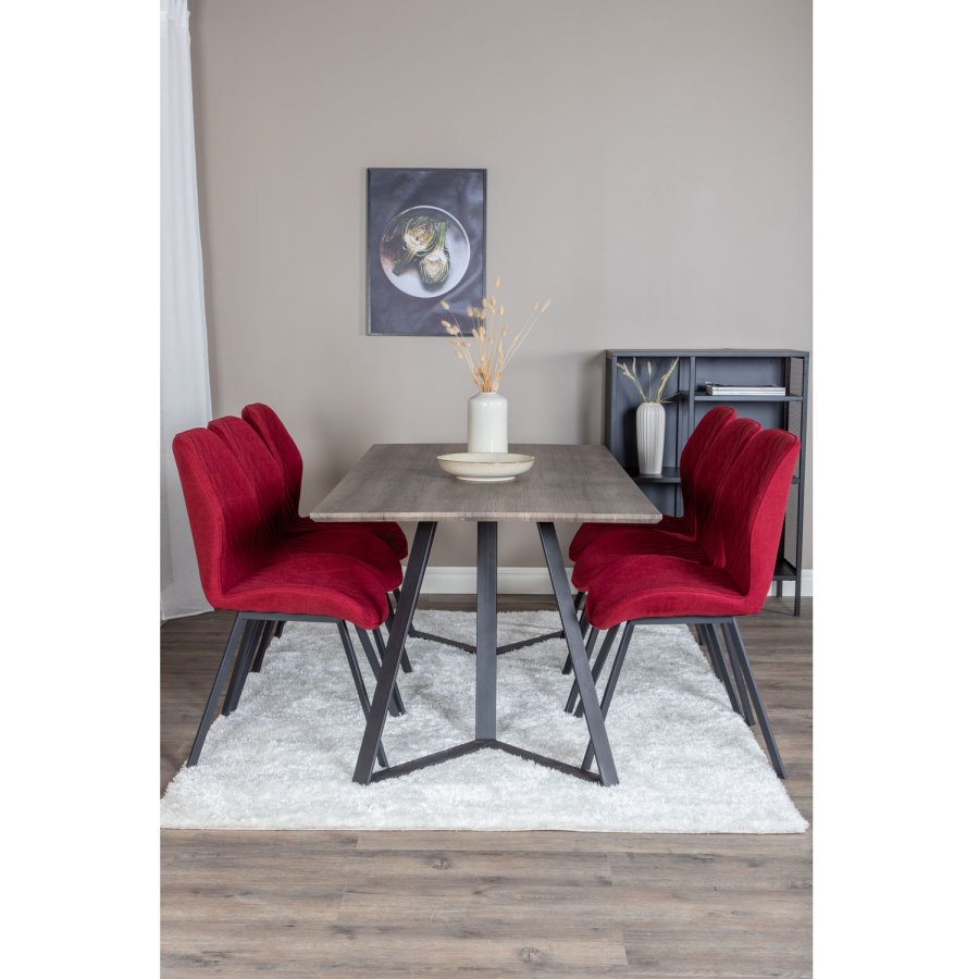 VENTURE DESIGN Marina spisebordsst, m. 6 stole - gr finer/sort metal og rd stof/sort metal