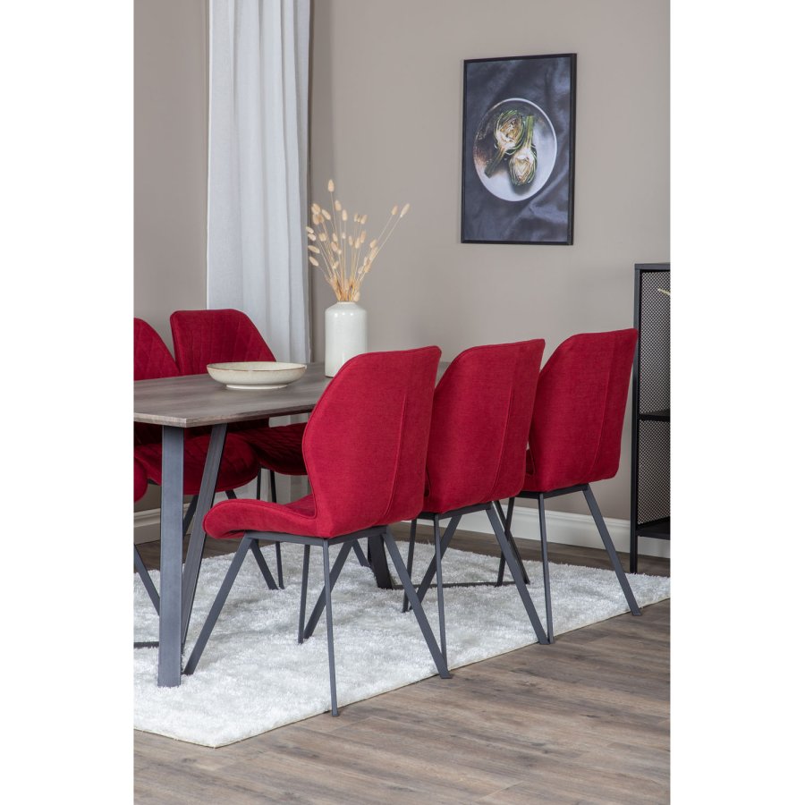 VENTURE DESIGN Marina spisebordsst, m. 6 stole - gr finer/sort metal og rd stof/sort metal