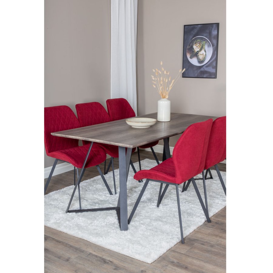 VENTURE DESIGN Marina spisebordsst, m. 6 stole - gr finer/sort metal og rd stof/sort metal