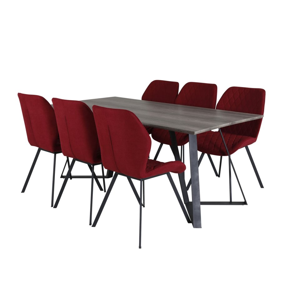 VENTURE DESIGN Marina spisebordsst, m. 6 stole - gr finer/sort metal og rd stof/sort metal