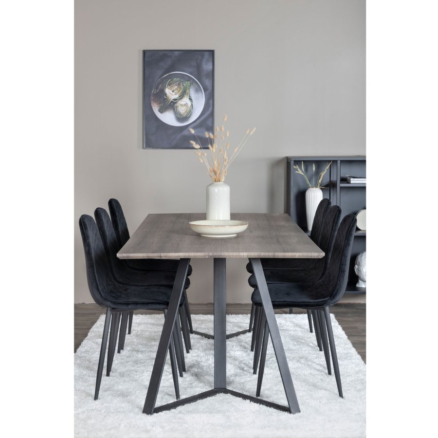 VENTURE DESIGN Marina spisebordsst, m. 6 stole - gr finer/sort metal og sort fljl/sort metal