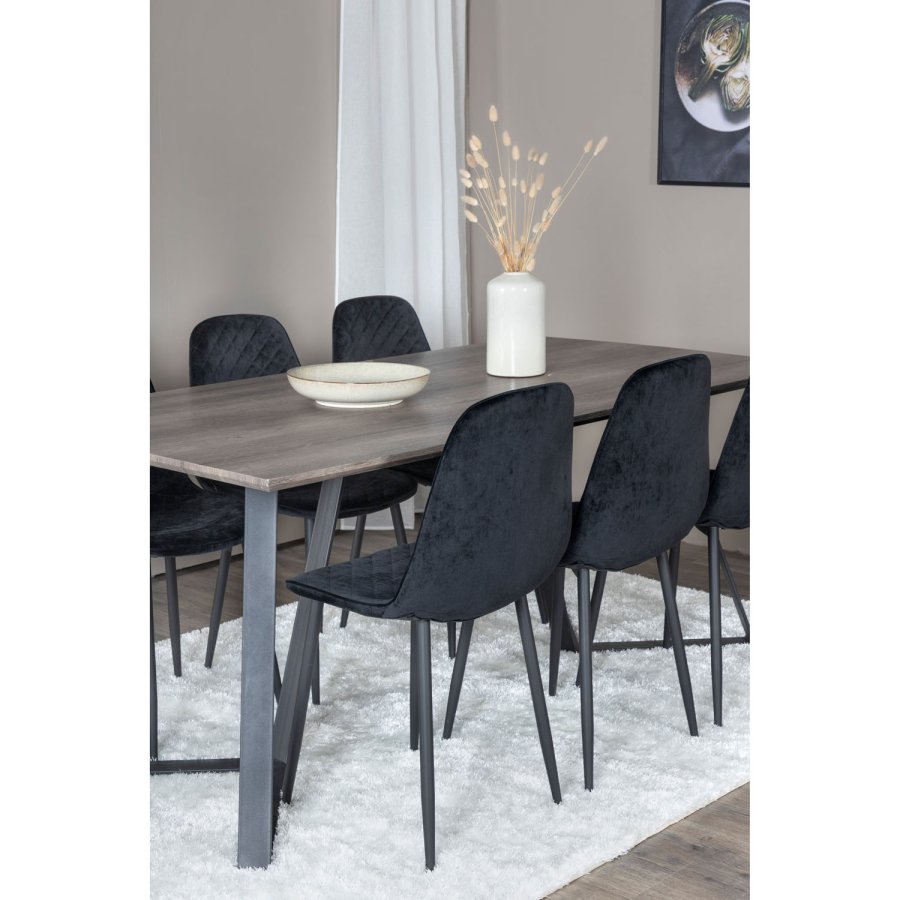 VENTURE DESIGN Marina spisebordsst, m. 6 stole - gr finer/sort metal og sort fljl/sort metal