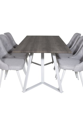 VENTURE DESIGN Marina spisebordsst, m. 6 stole - gr finer/hvid metal og lysegr stof/hvid metal