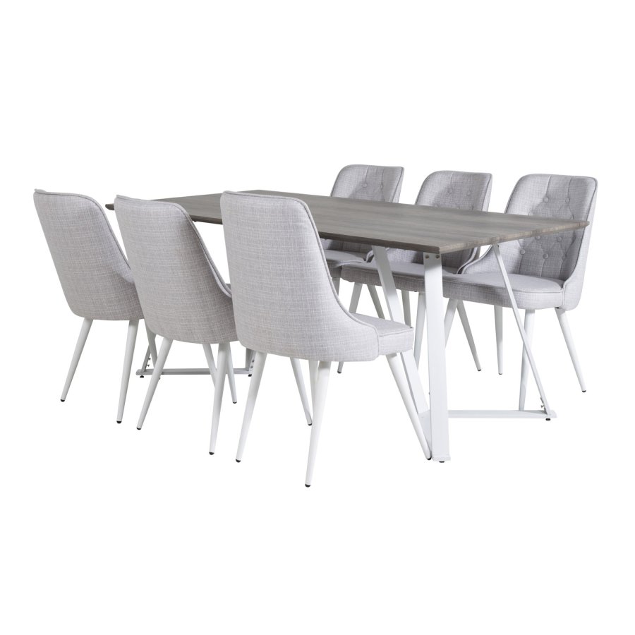 VENTURE DESIGN Marina spisebordsst, m. 6 stole - gr finer/hvid metal og lysegr stof/hvid metal