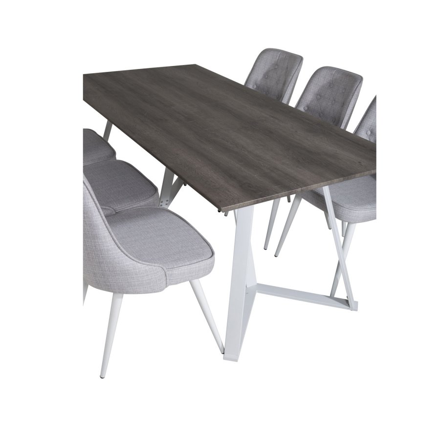 VENTURE DESIGN Marina spisebordsst, m. 6 stole - gr finer/hvid metal og lysegr stof/hvid metal