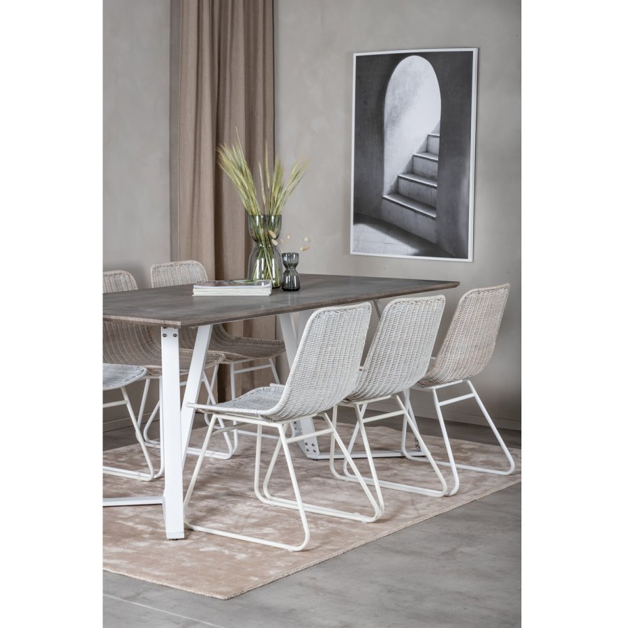 VENTURE DESIGN Marina spisebordsst, m. 6 stole - gr finer/hvid metal og hvid rattan/hvid metal