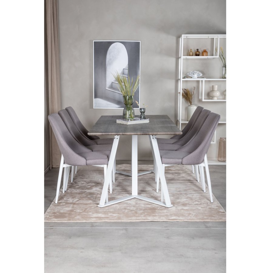 VENTURE DESIGN Marina spisebordsst, m. 6 stole - gr finer/hvid metal og gr stof/hvid metal
