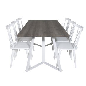 VENTURE DESIGN Marina spisebordsst, m. 6 stole - gr finer/hvid metal og hvid gummitr