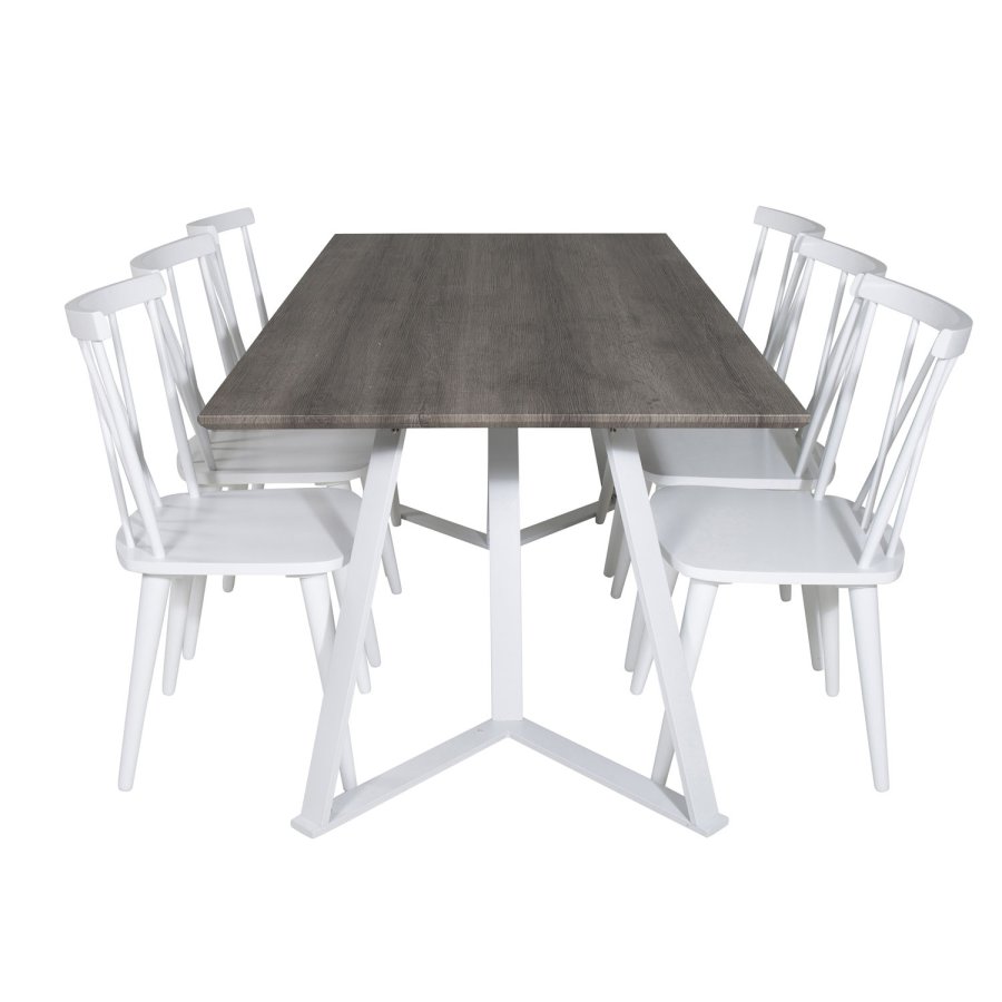 VENTURE DESIGN Marina spisebordsst, m. 6 stole - gr finer/hvid metal og hvid gummitr