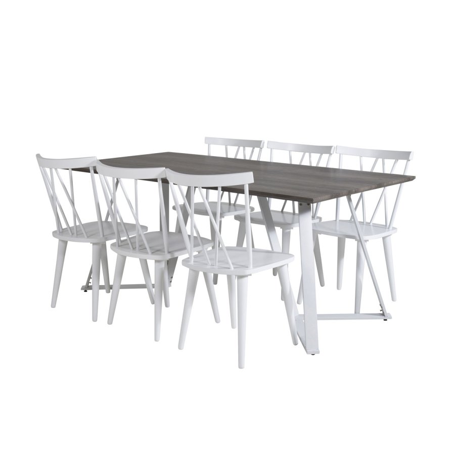 VENTURE DESIGN Marina spisebordsst, m. 6 stole - gr finer/hvid metal og hvid gummitr