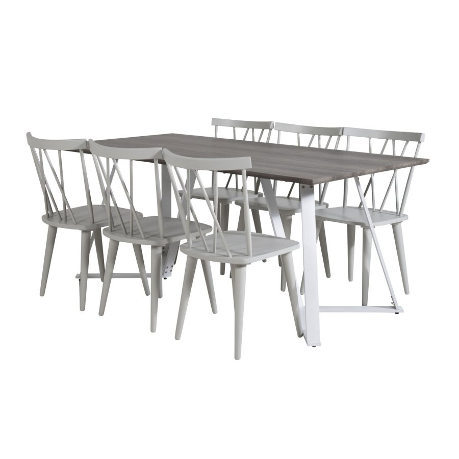 VENTURE DESIGN Marina spisebordsst, m. 6 stole - gr finer/hvid metal og gr gummitr