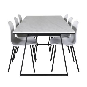 VENTURE DESIGN Estelle spisebordsst, m. 6 stole, hvid marmor/sort metal og hvid plastik/sort metal