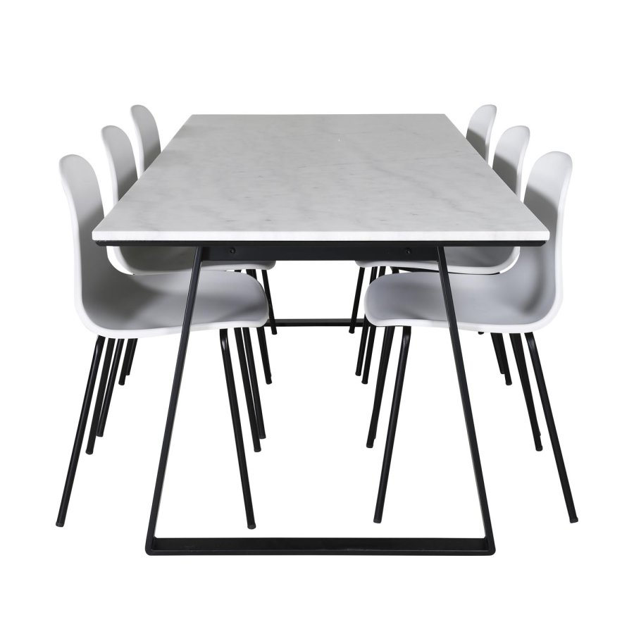 VENTURE DESIGN Estelle spisebordsst, m. 6 stole, hvid marmor/sort metal og hvid plastik/sort metal