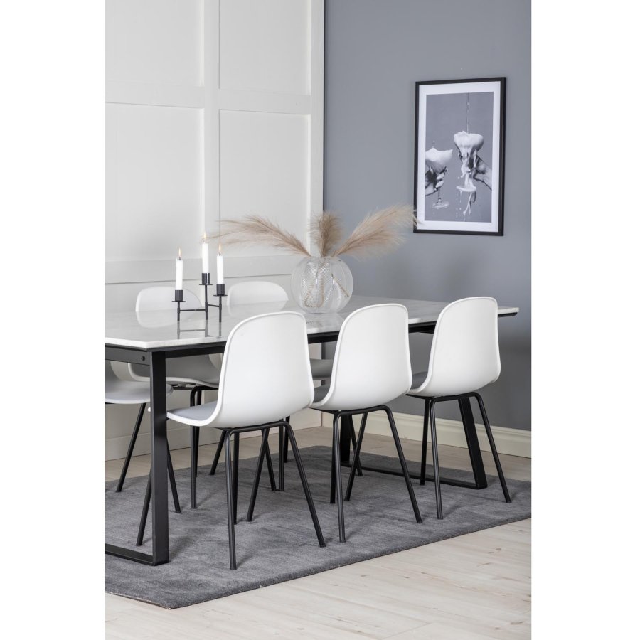 VENTURE DESIGN Estelle spisebordsst, m. 6 stole, hvid marmor/sort metal og hvid plastik/sort metal
