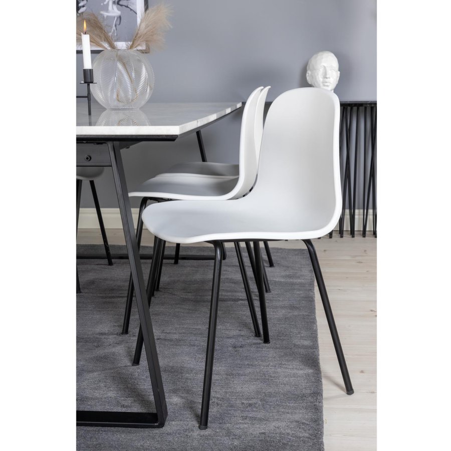 VENTURE DESIGN Estelle spisebordsst, m. 6 stole, hvid marmor/sort metal og hvid plastik/sort metal