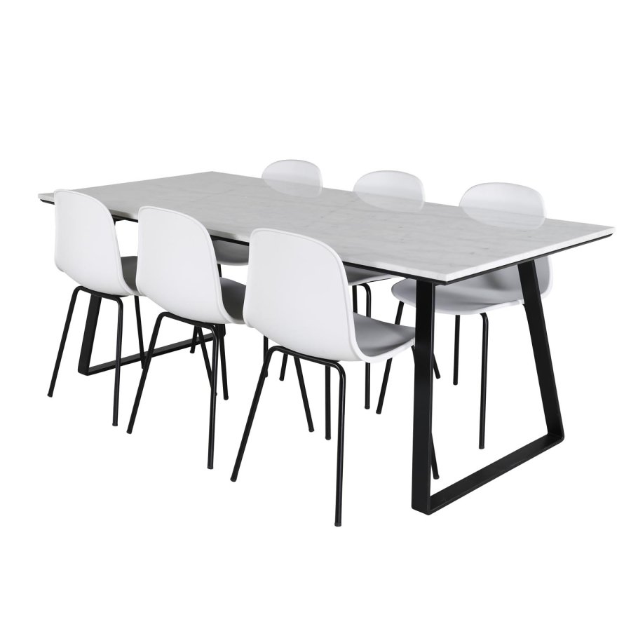 VENTURE DESIGN Estelle spisebordsst, m. 6 stole, hvid marmor/sort metal og hvid plastik/sort metal