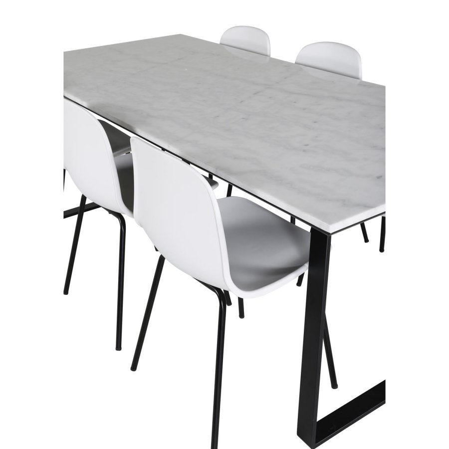 VENTURE DESIGN Estelle spisebordsst, m. 6 stole, hvid marmor/sort metal og hvid plastik/sort metal