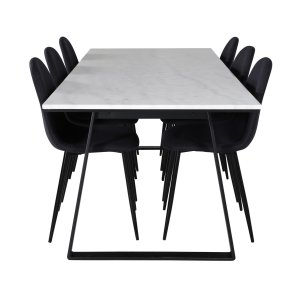 VENTURE DESIGN Estelle spisebordsst, m. 6 stole - hvid marmor/sort metal og sort stof/sort metal