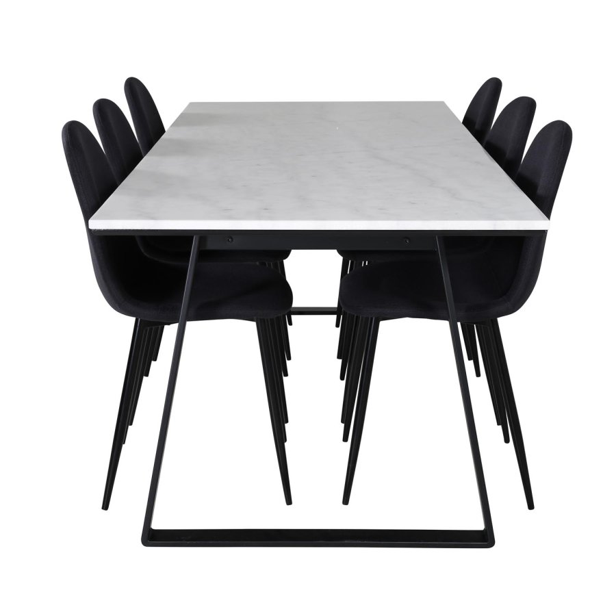 VENTURE DESIGN Estelle spisebordsst, m. 6 stole - hvid marmor/sort metal og sort stof/sort metal