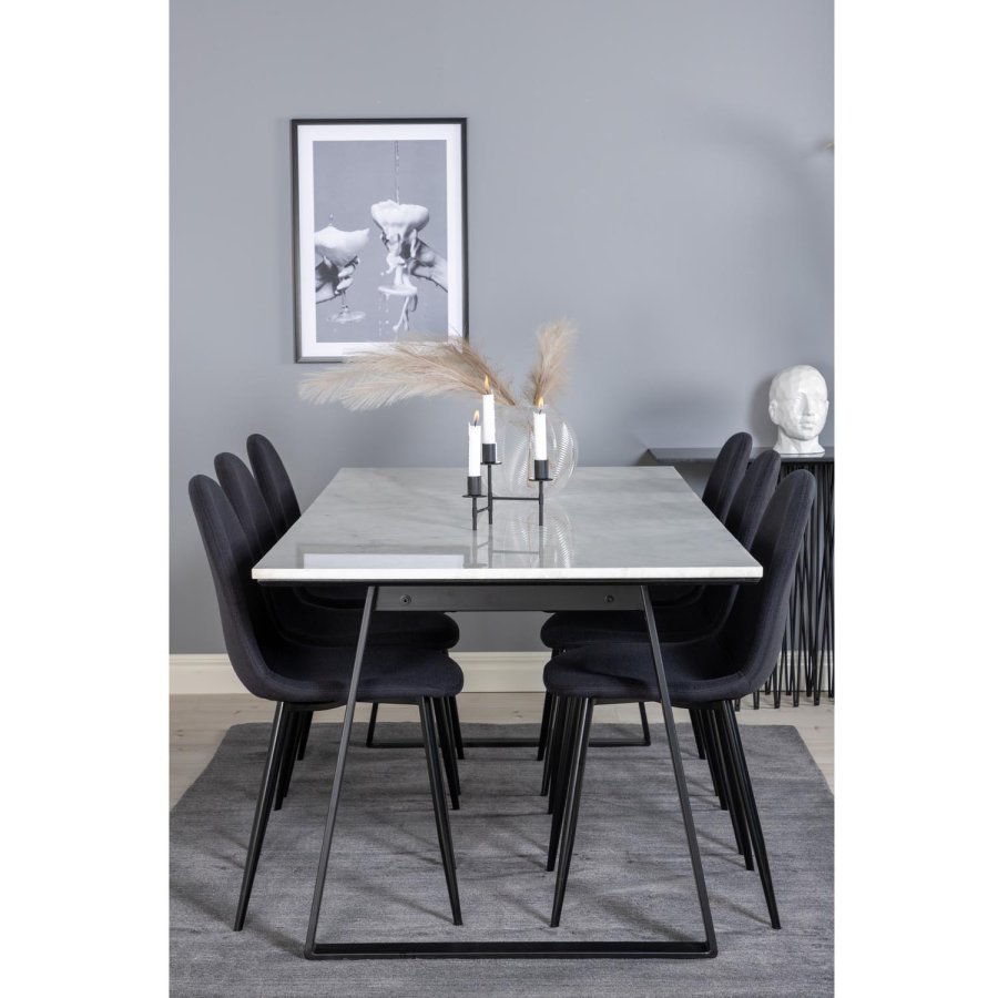 VENTURE DESIGN Estelle spisebordsst, m. 6 stole - hvid marmor/sort metal og sort stof/sort metal