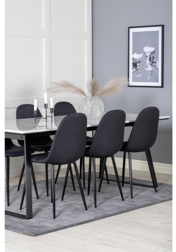 VENTURE DESIGN Estelle spisebordsst, m. 6 stole - hvid marmor/sort metal og sort stof/sort metal