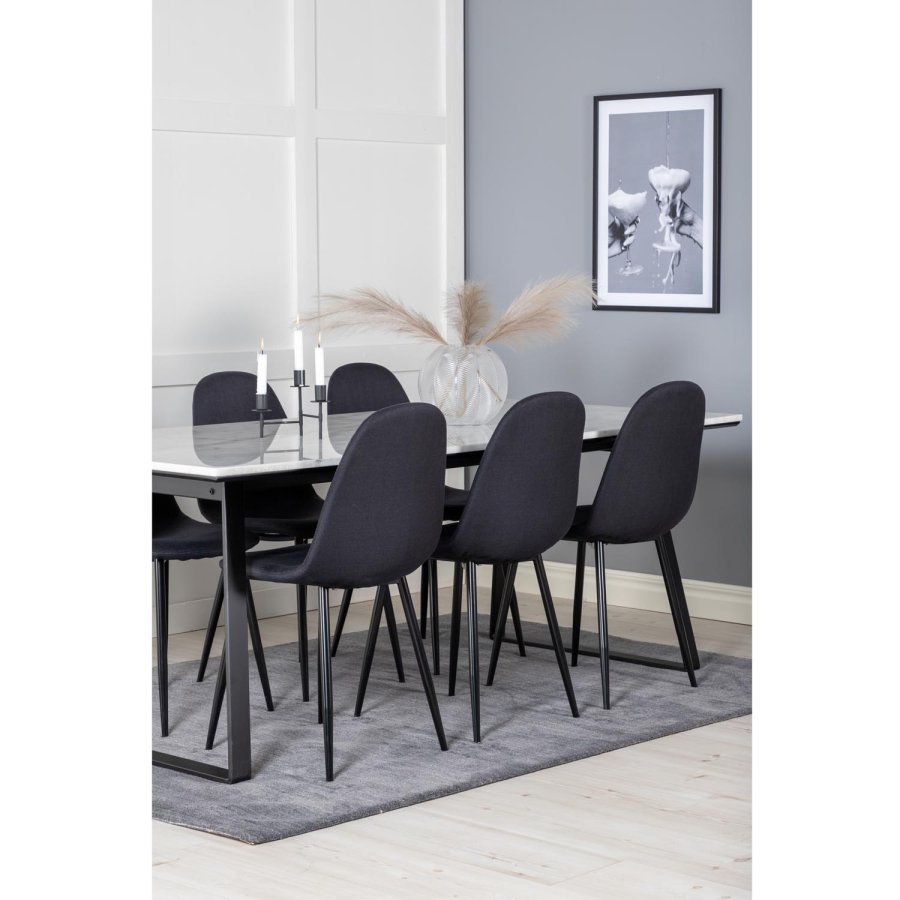 VENTURE DESIGN Estelle spisebordsst, m. 6 stole - hvid marmor/sort metal og sort stof/sort metal