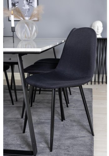 VENTURE DESIGN Estelle spisebordsst, m. 6 stole - hvid marmor/sort metal og sort stof/sort metal