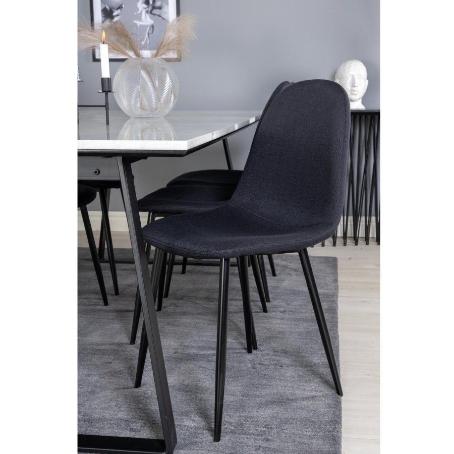 VENTURE DESIGN Estelle spisebordsst, m. 6 stole - hvid marmor/sort metal og sort stof/sort metal