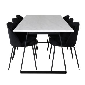 VENTURE DESIGN Estelle spisebordsst, m. 6 stole - hvid marmor/sort metal og sort fljl/sort metal