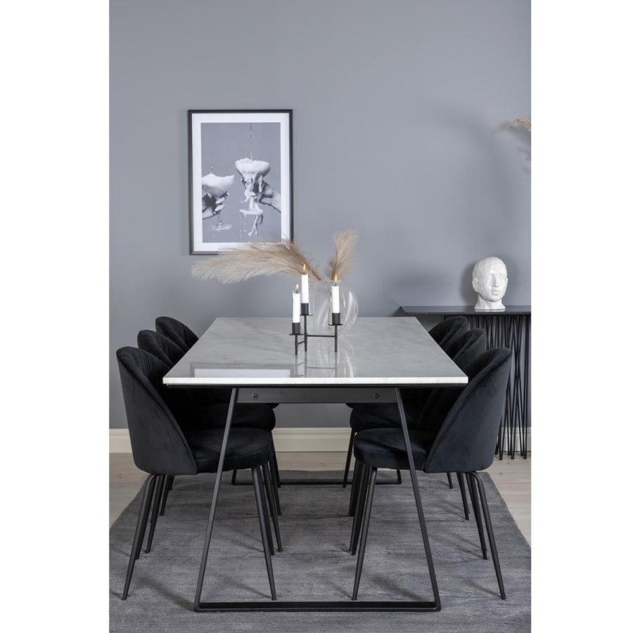 VENTURE DESIGN Estelle spisebordsst, m. 6 stole - hvid marmor/sort metal og sort fljl/sort metal
