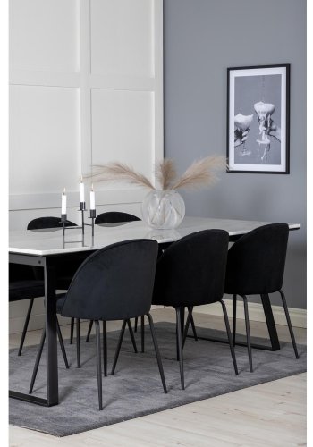 VENTURE DESIGN Estelle spisebordsst, m. 6 stole - hvid marmor/sort metal og sort fljl/sort metal