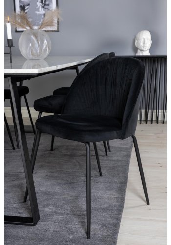 VENTURE DESIGN Estelle spisebordsst, m. 6 stole - hvid marmor/sort metal og sort fljl/sort metal