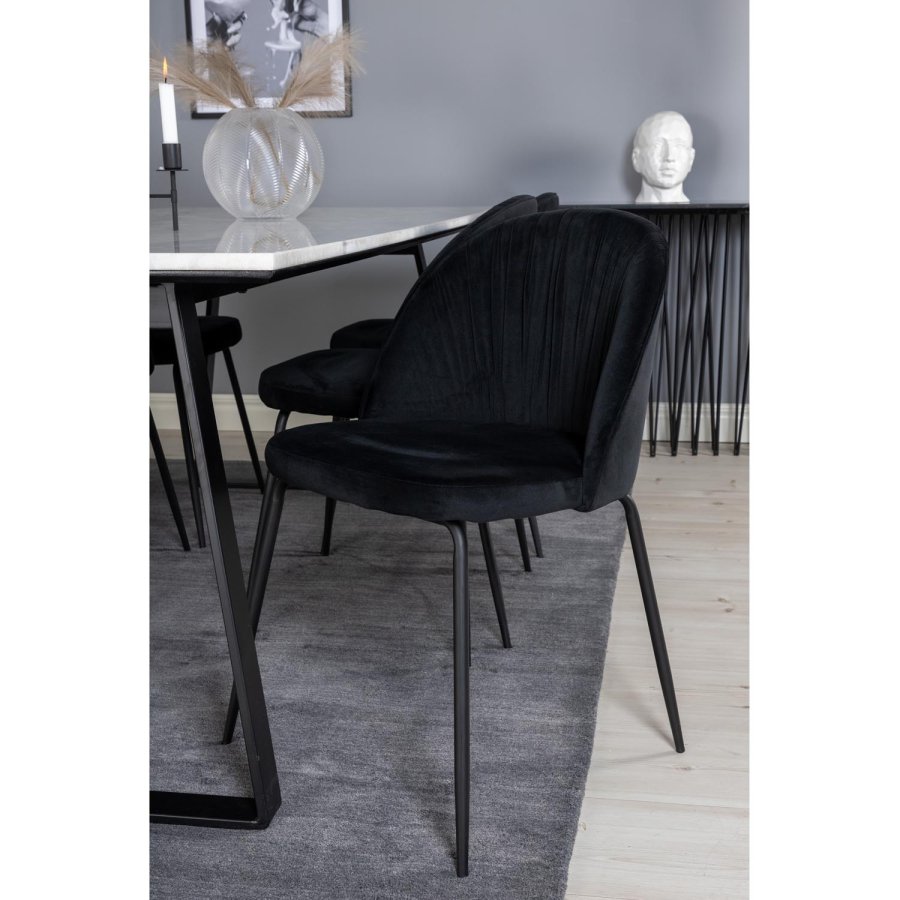 VENTURE DESIGN Estelle spisebordsst, m. 6 stole - hvid marmor/sort metal og sort fljl/sort metal