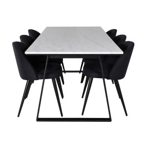 VENTURE DESIGN Estelle spisebordsst, m. 6 stole - hvid marmor/sort metal og sort stof/sort metal