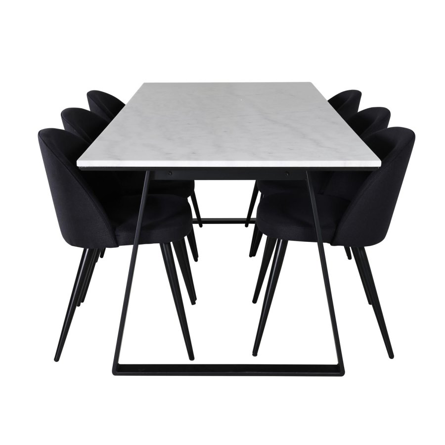 VENTURE DESIGN Estelle spisebordsst, m. 6 stole - hvid marmor/sort metal og sort stof/sort metal