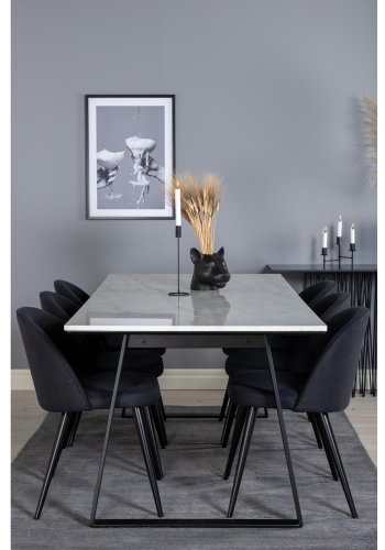 VENTURE DESIGN Estelle spisebordsst, m. 6 stole - hvid marmor/sort metal og sort stof/sort metal