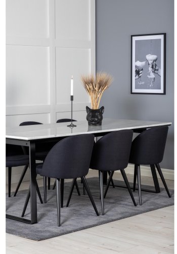VENTURE DESIGN Estelle spisebordsst, m. 6 stole - hvid marmor/sort metal og sort stof/sort metal