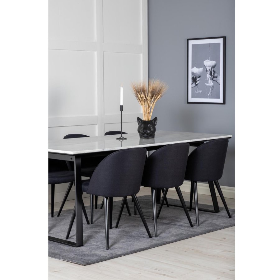 VENTURE DESIGN Estelle spisebordsst, m. 6 stole - hvid marmor/sort metal og sort stof/sort metal
