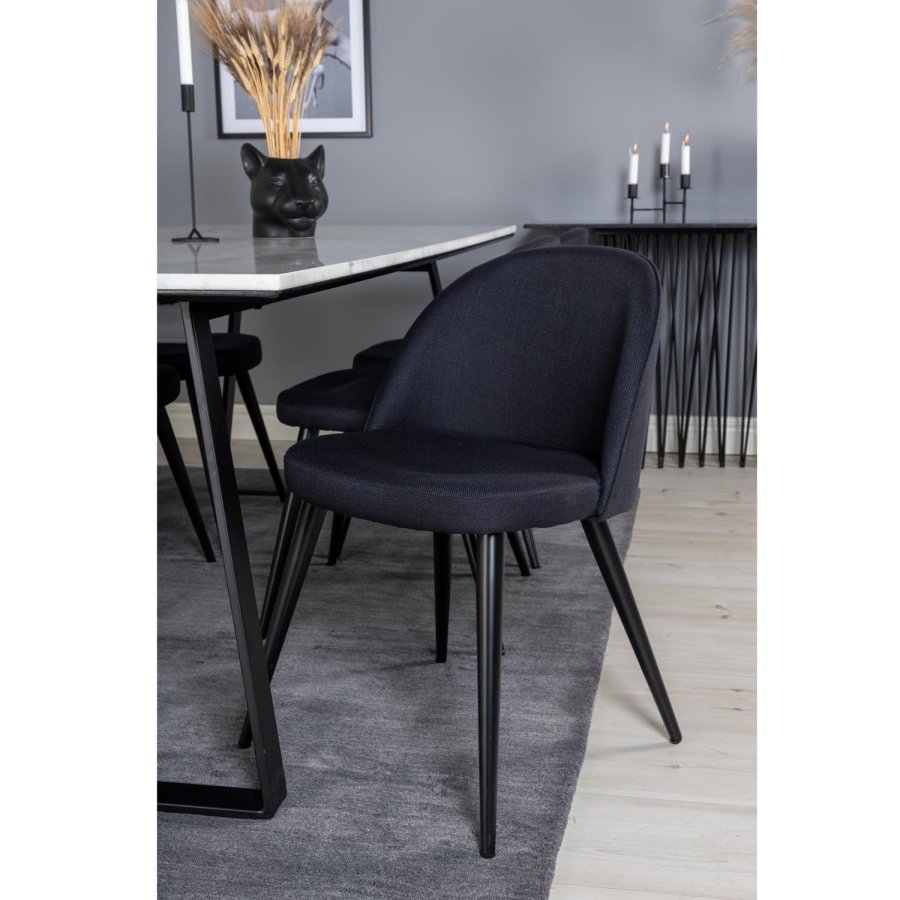 VENTURE DESIGN Estelle spisebordsst, m. 6 stole - hvid marmor/sort metal og sort stof/sort metal