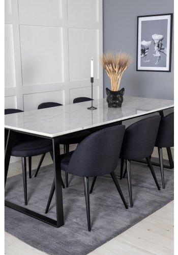 VENTURE DESIGN Estelle spisebordsst, m. 6 stole - hvid marmor/sort metal og sort stof/sort metal