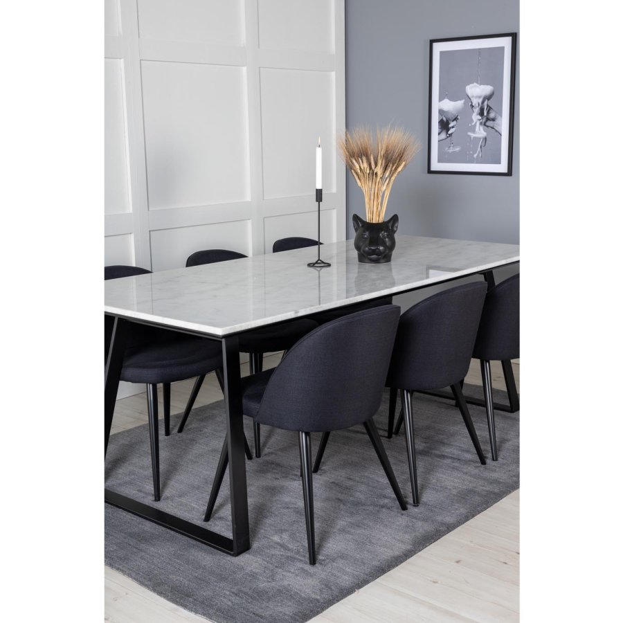 VENTURE DESIGN Estelle spisebordsst, m. 6 stole - hvid marmor/sort metal og sort stof/sort metal