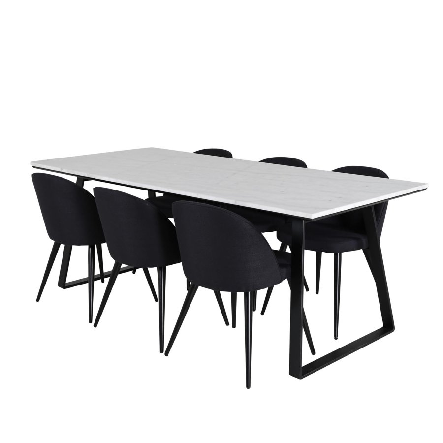 VENTURE DESIGN Estelle spisebordsst, m. 6 stole - hvid marmor/sort metal og sort stof/sort metal