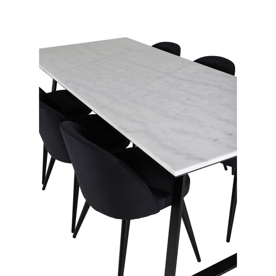 VENTURE DESIGN Estelle spisebordsst, m. 6 stole - hvid marmor/sort metal og sort stof/sort metal