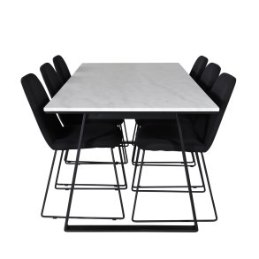 VENTURE DESIGN Estelle spisebordsst, m. 6 stole - hvid marmor/sort metal og sort stof/sort metal