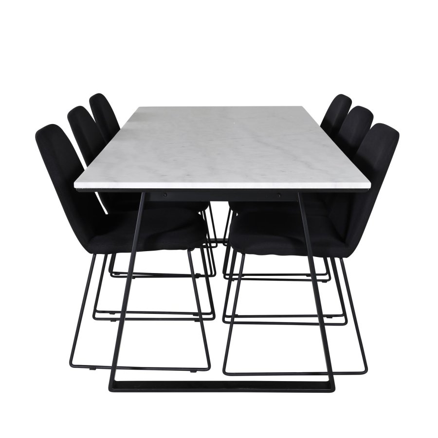 VENTURE DESIGN Estelle spisebordsst, m. 6 stole - hvid marmor/sort metal og sort stof/sort metal