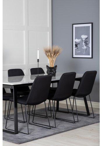 VENTURE DESIGN Estelle spisebordsst, m. 6 stole - hvid marmor/sort metal og sort stof/sort metal