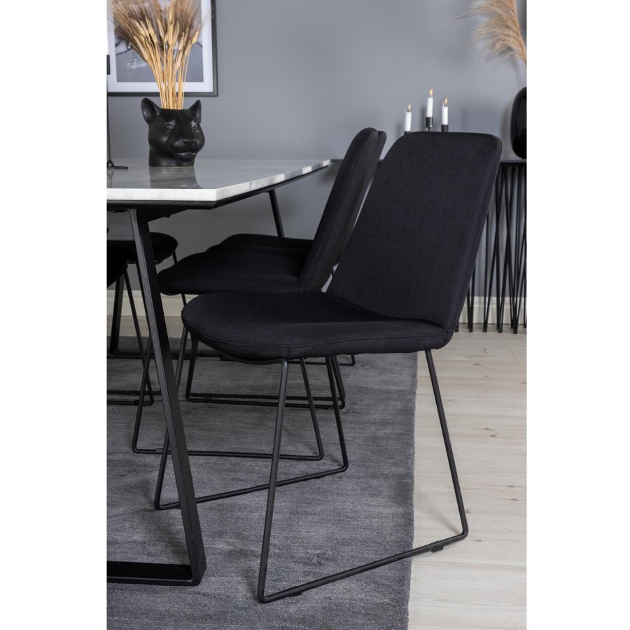 VENTURE DESIGN Estelle spisebordsst, m. 6 stole - hvid marmor/sort metal og sort stof/sort metal