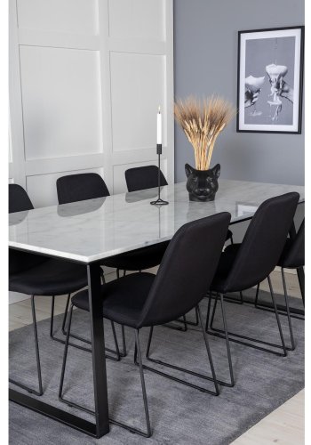 VENTURE DESIGN Estelle spisebordsst, m. 6 stole - hvid marmor/sort metal og sort stof/sort metal